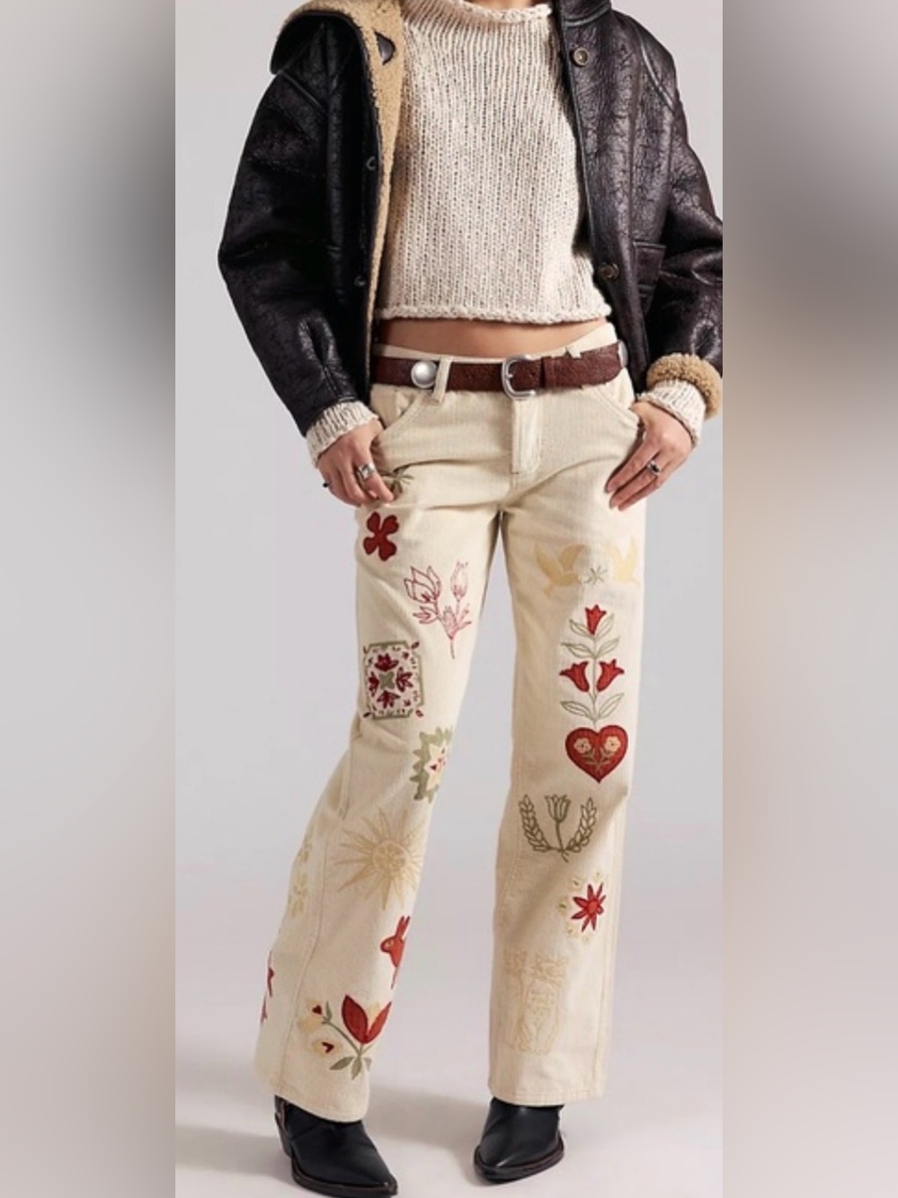 Free People 25 Natural Tennessee Low-Rise Embroidered Corduroy Jeans